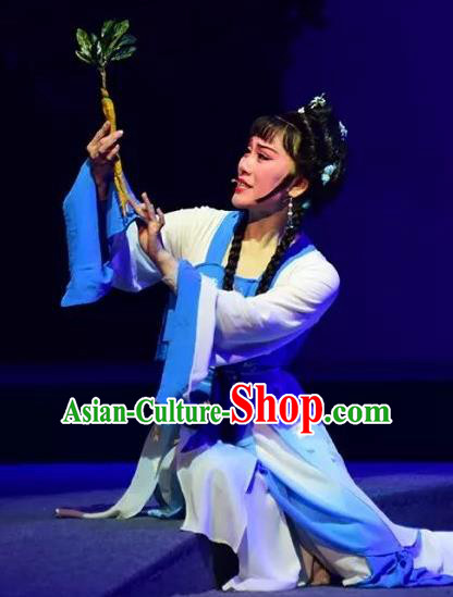 Chinese Shaoxing Opera Village Girl Blue Dress Costumes and Headpieces Hu Po Yuan Yue Opera Country Woman Jin Sulan Garment Apparels