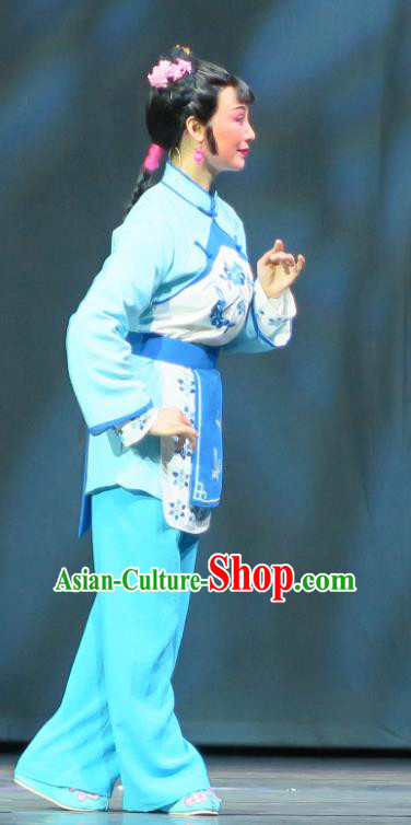 Chinese Shaoxing Opera Country Girl Blue Costumes and Headpieces Wu Gu Niang Yue Opera Xiaodan Garment Apparels