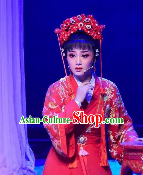 Chinese Shaoxing Opera Hua Tan Wedding Apparels Costumes and Headdress Fang Cao Meng Yue Opera Actress Red Dress Garment