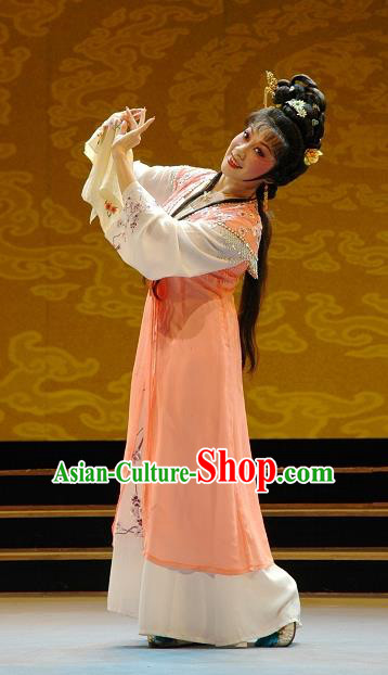 Chinese Shaoxing Opera Hua Tan Apparels Costumes and Headdress Lian Sheng San Ji Yue Opera Actress Zhen Sixue Dress Garment