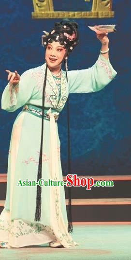 Chinese Shaoxing Opera Actress Noble Lady Green Dress Garment Apparels and Headdress Lian Sheng San Ji Yue Opera Young Female Costumes