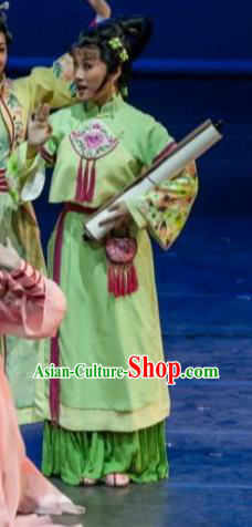 Chinese Shaoxing Opera Female Swordsman Green Dress Garment Apparels and Headdress Lu Ding Ji Yue Opera Young Lady Costumes