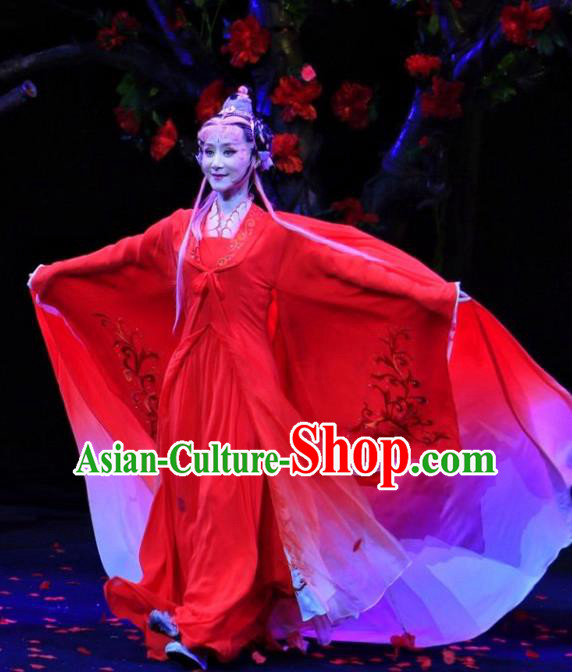 A Chinese Ghost Story Shaoxing Opera Actress Nie Xiaoqian Apparels Costumes and Headdress Yue Opera Fairy Red Dress Garment