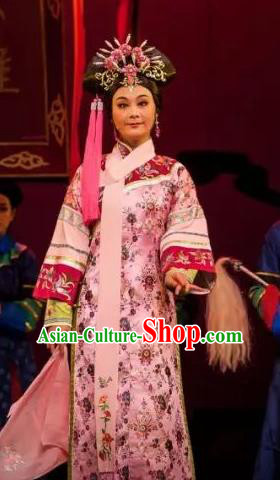 Chinese Shaoxing Opera Palace Lady Apparels and Headdress Lu Ding Ji Yue Opera Qing Dynasty Court Maid Garment Costumes Qipao Dress