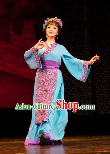 Chinese Shaoxing Opera Country Lady Blue Dress Apparels Costumes and Headpieces Huang Dao Po Yue Opera Xiaodan Young Girl Garment