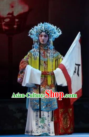 Chinese Shaoxing Opera Hua Tan Mu Guiying Apparels Costumes and Headdress Bai Sui Gua Shuai Yue Opera Actress Ceremonial Robe Garment