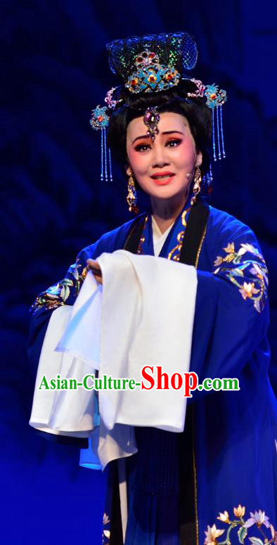 Chinese Shaoxing Opera Dowager Countess Costumes and Headdress Yue Opera Mrs Dayi Actress Infanta Chai Blue Dress Garment Apparels