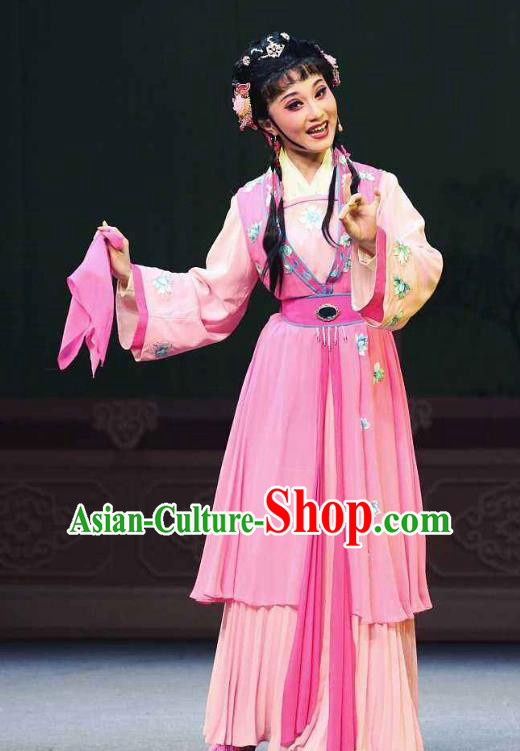 Chinese Shaoxing Opera Young Lady Pink Dress Apparels Costumes and Headpieces Chun Cao Yue Opera Servant Girl Garment