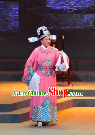 Chinese Yue Opera Xiaosheng Qing Jian Fan Ying Apparels and Headwear Shaoxing Opera Young Man Garment Pink Official Embroidered Robe Costumes