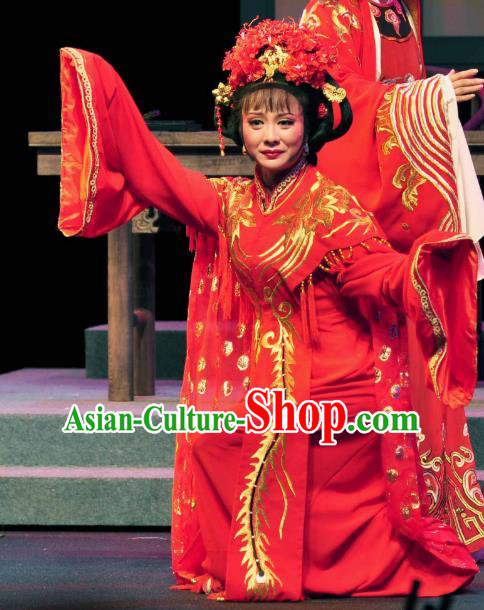 Chinese Shaoxing Opera Actress Wedding Red Dress Apparels Costumes and Headdress Yue Opera Zhang Lun Hua Tan Garment