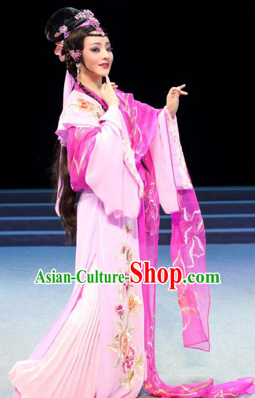 Chinese Shaoxing Opera Hua Tan Apparels Costumes and Headpieces Yue Opera Young Female Actress Pink Dress Garment