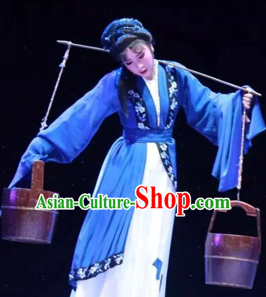 Chinese Shaoxing Opera Distress Maiden Fengxue Hanmei Li Sanniang Dress Costumes and Headpieces Yue Opera Young Female Blue Garment Apparels