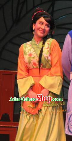 Chinese Shaoxing Opera Maidservant Dress Costumes and Headpieces Three Charming Smiles Yue Opera Xiaodan Garment Apparels