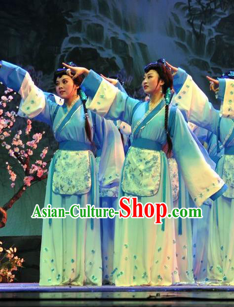 Chinese Shaoxing Opera Young Lady Blue Dress Costumes Apparels and Headpieces Hua Xi Love Song Yue Opera Xiaodan Garment