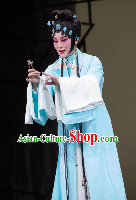 Chinese Kun Opera Hua Tan Li Ruoshui Blue Dress Costumes and Headpieces Heros Kunqu Opera Actress Young Female Garment Apparels