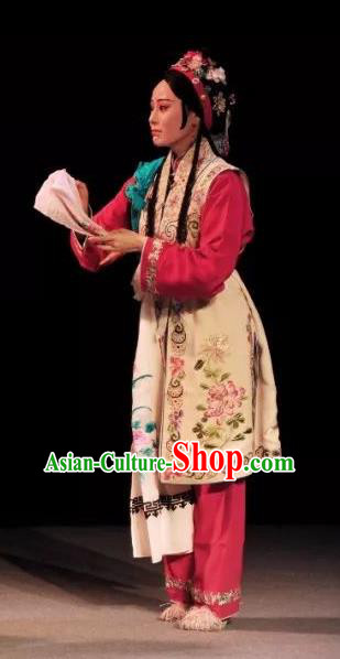 Chinese Kun Opera Xiaodan Dress Costumes and Headdress On A Wall and Horse Kunqu Opera Servant Girl Garment Apparels