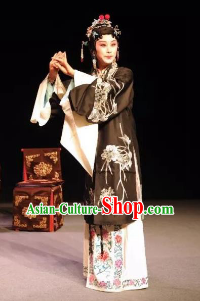 Chinese Kun Opera Tsing Yi Dress Costumes and Headdress On A Wall and Horse Kunqu Opera Actress Li Qianjun Garment Apparels