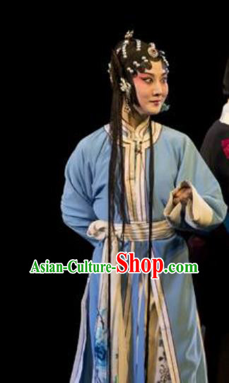 Chinese Kun Opera Young Female Blue Dress Apparels Costumes and Headpieces Lan Ke Mountain Kunqu Opera Hua Tan Garment