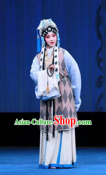 Chinese Kun Opera Elderly Female Dress Apparels Costumes and Headdress Bai Luo Shan Kunqu Opera Taoist Nun Su Garment