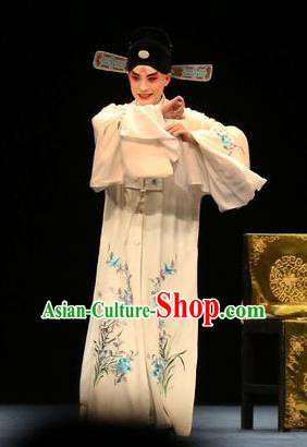 Bai Luo Shan Chinese Kun Opera Young Male Apparels Garment Costumes and Headwear Kunqu Opera Scholar Xu Jizu White Robe Clothing