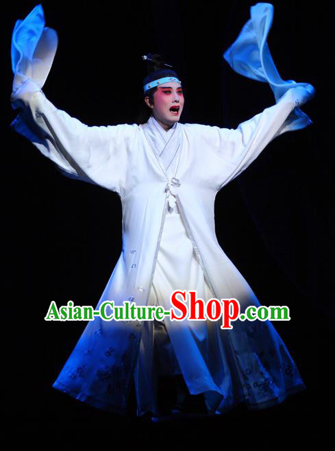 Chinese Kun Opera Young Male Niche Dream of Red Mansions Jia Baoyu Apparels Garment Costumes and Headwear Kunqu Opera Xiaosheng White Clothing