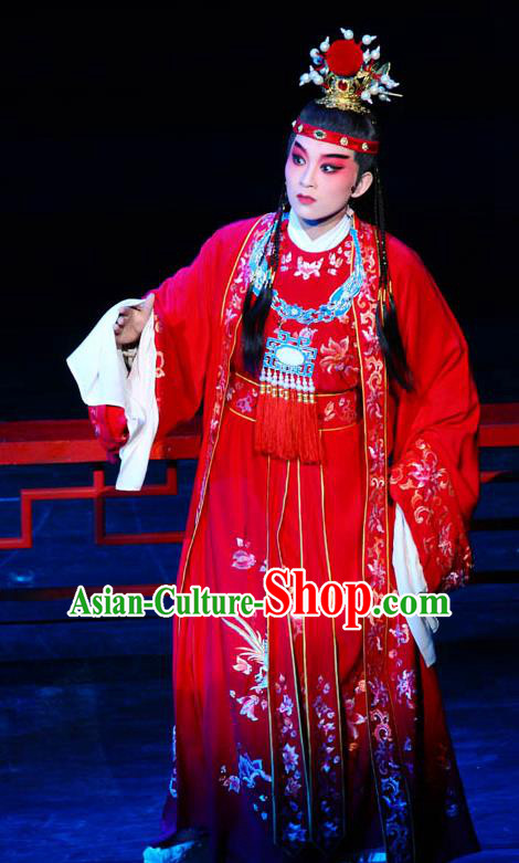 Chinese Kun Opera Young Male Red Apparels and Headwear Dream of Red Mansions Jia Baoyu Garment Costumes Kunqu Opera Niche Clothing