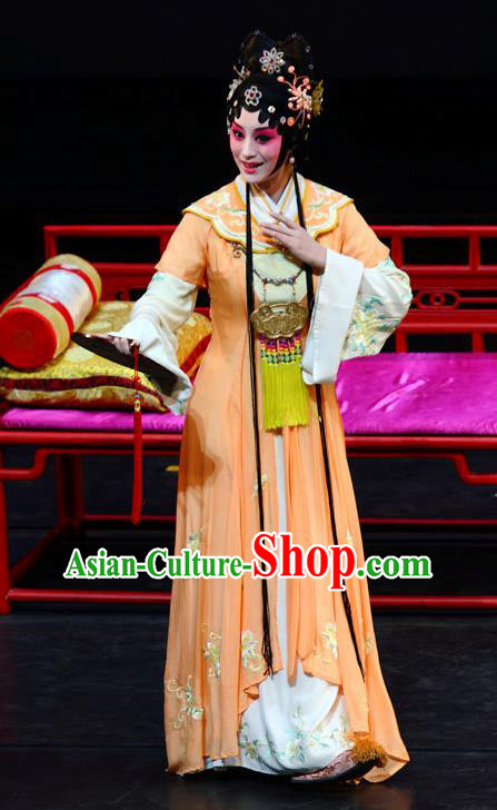 Chinese Kun Opera Huadan Xue Baochai Orange Dress Apparels Costumes and Headpieces Dream of Red Mansions Kunqu Opera Young Lady Garment