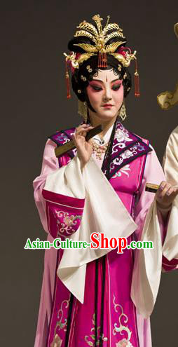 Chinese Kun Opera Noble Lady Wang Xifeng Apparels Costumes and Headdress Dream of Red Mansions Kunqu Opera Hua Tan Rosy Dress Garment