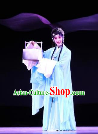 Chinese Kun Opera Young Female Yun Niang Apparels Costumes and Headpieces Six Chapters of a Floating Life Kunqu Opera Actress Blue Dress Garment