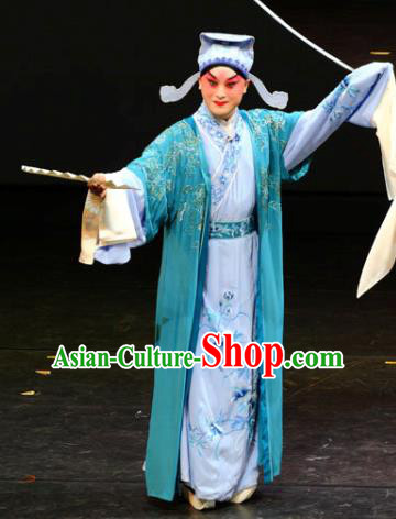 Chinese Kun Opera Noble Childe Jia Lian Apparels and Headwear Dream of Red Mansions Garment Costumes Kunqu Opera Young Male Blue Clothing