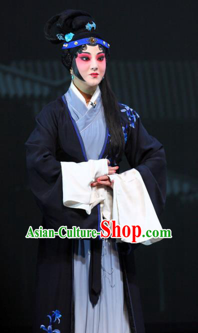 Chinese Kun Opera Distress Maiden Apparels Costumes and Headdress Dream of Red Mansions Kunqu Opera Young Female Black Dress Garment