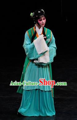 Chinese Kun Opera Servant Girl Zi Juan Apparels Costumes and Headpieces Dream of Red Mansions Kunqu Opera Young Lady Green Dress Garment
