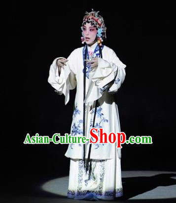 Chinese Kun Opera Young Female White Dress Apparels Costumes and Headdress The Tale of Handan Kunqu Opera Diva Garment