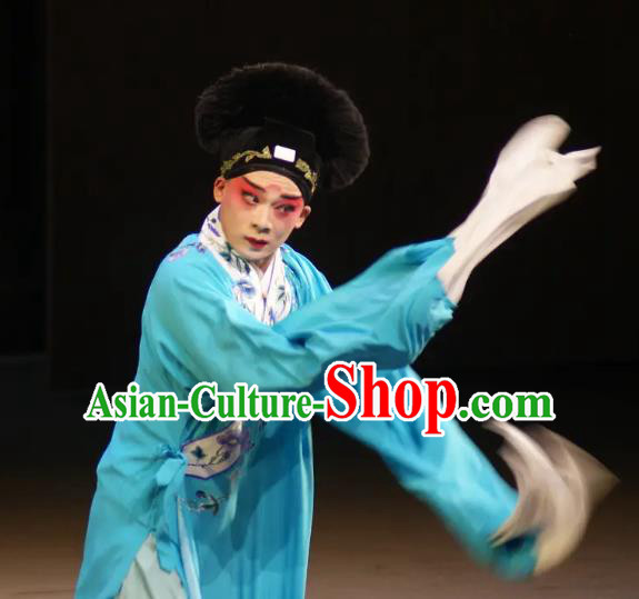 Leifeng Pagoda Chinese Kun Opera Niche Blue Robe Apparels and Headwear Kunqu Opera Xiaosheng Scholar Garment Costumes