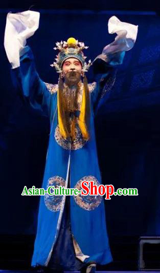 Jing Yang Zhong Chinese Kun Opera Emperor Chongzhen Blue Embroidered Robe Costumes and Headwear Kunqu Opera Laosheng Garment Elderly Male Apparels