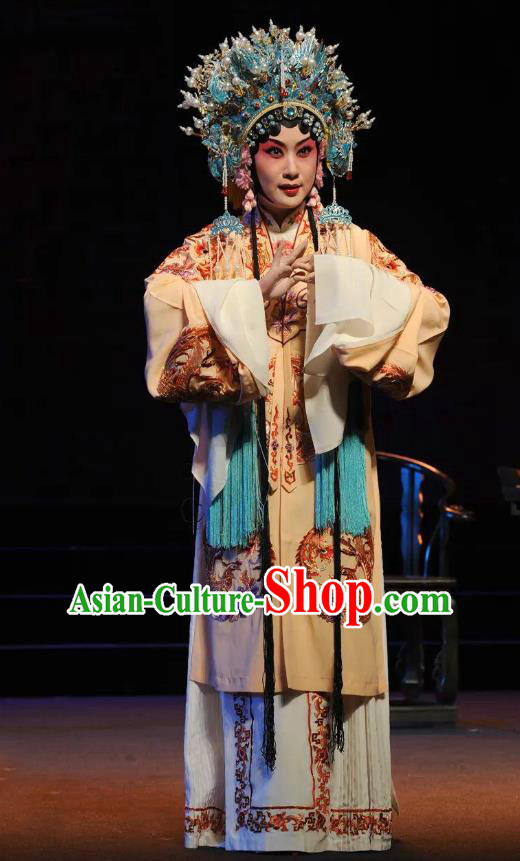 Chinese Kun Opera Hua Tan Empress Apparels Costumes and Headdress Jing Yang Zhong Traditional Kunqu Opera Queen Dress Garment