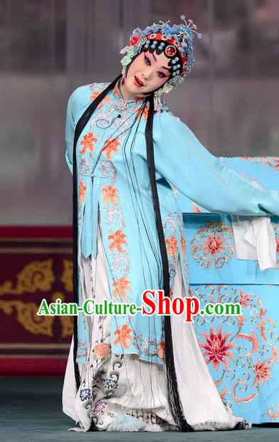 Chinese Kun Opera Hua Tan Du Liniang Blue Dress Apparels and Headdress Dream in The Garden Traditional Kunqu Opera Garment Actress Costumes