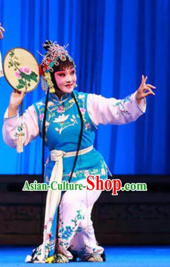 Chinese Kun Opera Xiaodan Blue Dress Apparels and Headdress Dream in The Garden Traditional Kunqu Opera Servang Girl Chun Xiang Garment Costumes