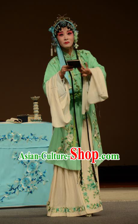 Chinese Kun Opera Young Female Qiao Xiaoqing Green Apparels Costumes and Hair Accessories Liao Du Geng Traditional Kunqu Opera Actress Dress Consort Garment