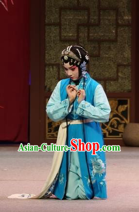 Chinese Kun Opera Young Girl Blue Dress Apparels and Headdress Full Bed Wat Traditional Kunqu Opera Servant Lady Garment Costumes