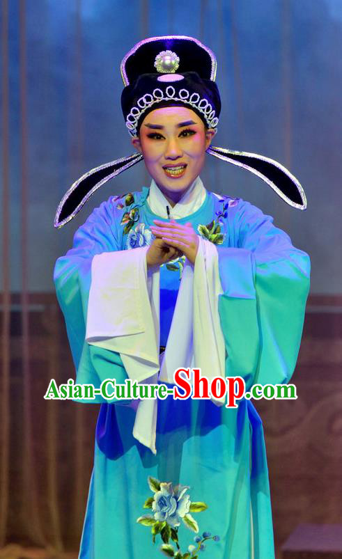 Chinese Yue Opera Young Male Apparels Pi Shan Jiu Mu Garment Shaoxing Opera Scholar Liu Yanchang Costumes Embroidered Robe and Hat