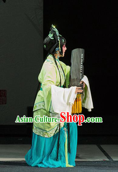 Chinese Kun Opera Young Lady Green Apparels Costumes and Hair Accessories Continue the Pipa Traditional Kunqu Opera Hua Tan Cai Wenji Dress Garment