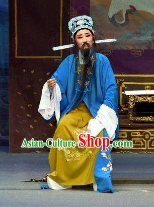 Chinese Yue Opera Middle Aged Men Apparels Pi Shan Jiu Mu Garment Shaoxing Opera Costumes Liu Yanchang Embroidered Robe and Hat