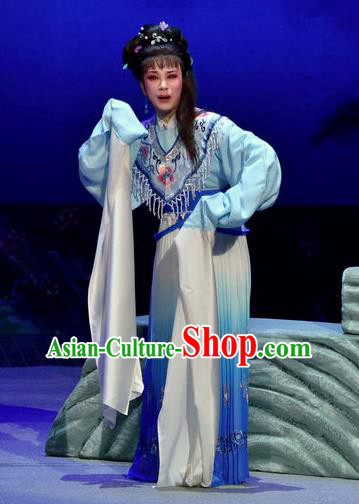 Chinese Shaoxing Opera Female Costumes Pi Shan Jiu Mu Apparels Yue Opera Actress Blue Dress Goddess Garment and Hair Accessories