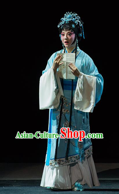 Chinese Kun Opera Young Woman Blue Dress Apparels Costumes and Hair Accessories Continue the Pipa Traditional Kunqu Opera Hua Tan Cai Wenji Garment