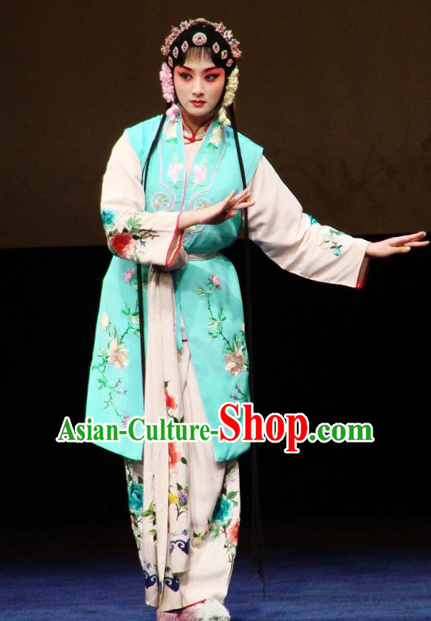 Chinese Kun Opera Young Beauty Costumes Apparels and Headdress Green Peony Traditional Kunqu Opera Xiaodan Che Jingfang Dress Garment