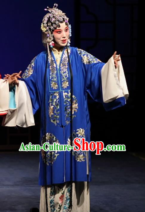 Chinese Kun Opera Noble Female Costumes Apparels and Headdress Feng Zheng Wu Traditional Kunqu Opera Hua Tan Blue Dress Garment