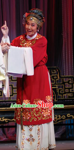 Chinese Shaoxing Opera Elderly Female Red Costumes Yu Qing Ting Apparels Yue Opera Lao Dan Garment Noble Dame Dress and Headdress