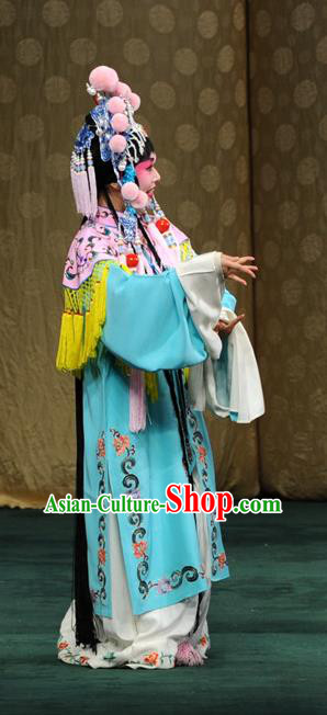 Chinese Kun Opera Court Maid Costumes Apparels and Headdress Yu Jia Le Traditional Kunqu Opera Actress Blue Dress Garment