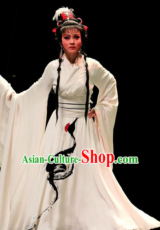 Chinese Huangmei Opera Goddess A Ling Costumes Apparels and Headpieces Qian Yu Jin Traditional Anhui Opera Actress White Dress Garment